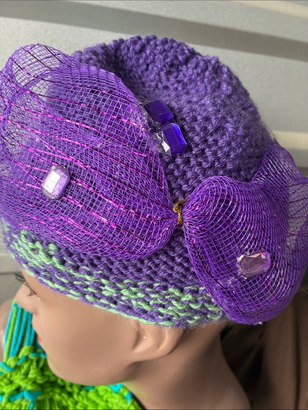 Handcrafted Purple Knit Fascinator Headpiece with Mesh Bow